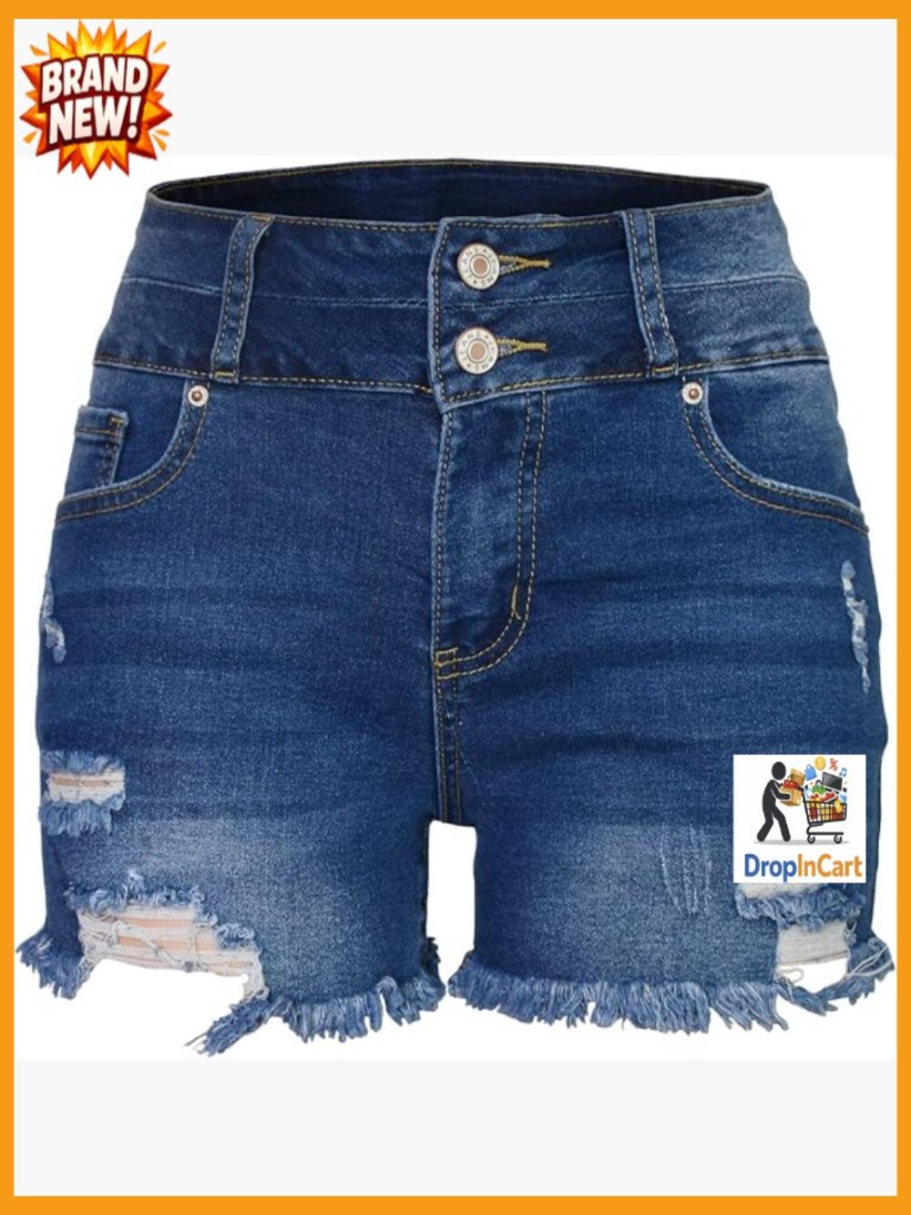 High Waisted Denim Shorts Stretchy Raw Hem Ripped Y2K Style Button Fly